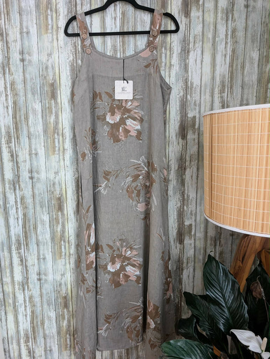 Linen Dress Maxi with Floral Print: Khaki