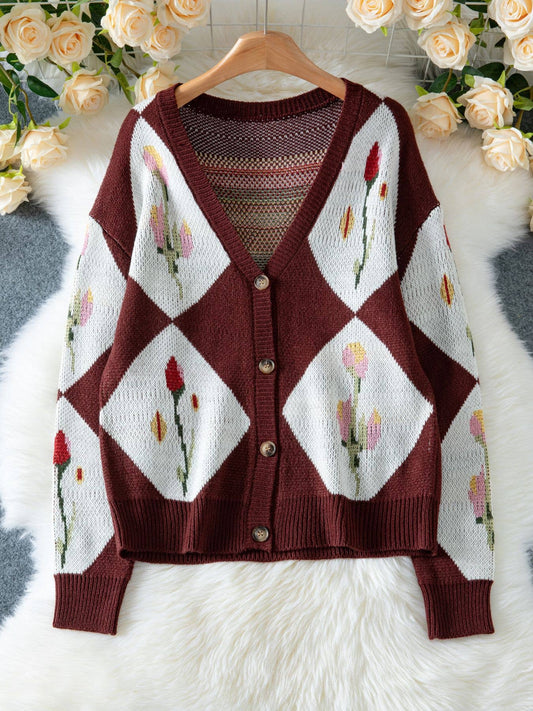 Color Block Floral Button Cardigan
