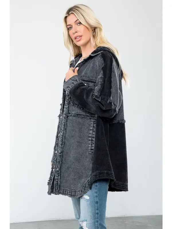 Wash Black Denim Hooded Long Jacket