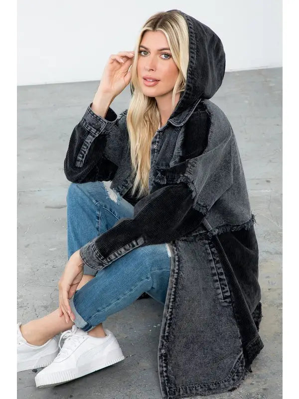 Wash Black Denim Hooded Long Jacket