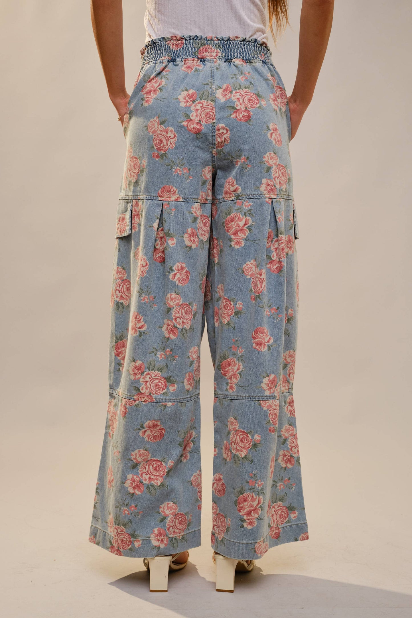 Rose Print Smocked Waist Cargo Pants