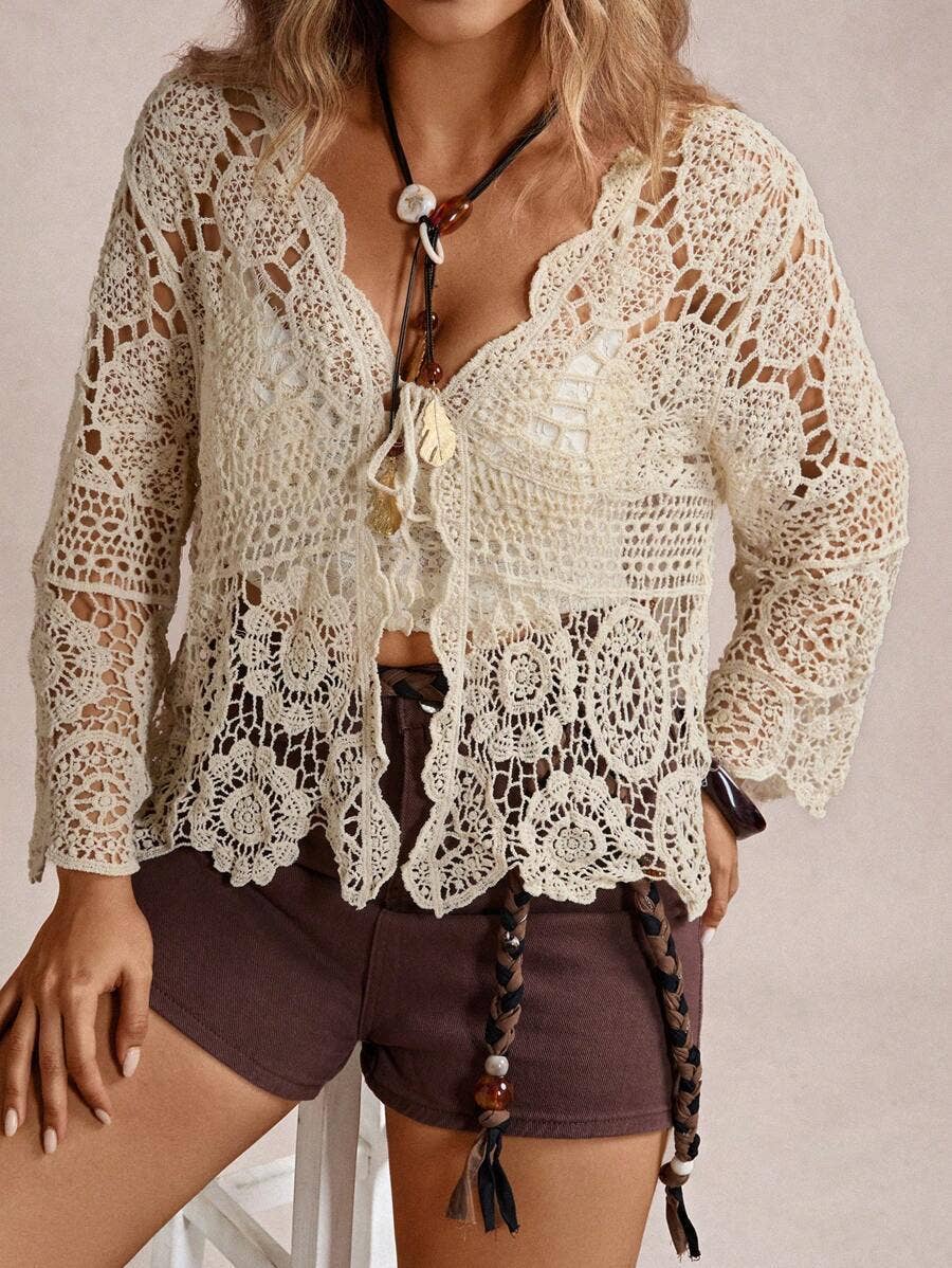 Boho Crochet Lace Cutout Top: Beige
