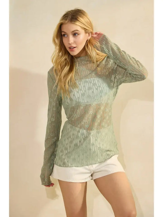 Floral Sage Green Mesh Top