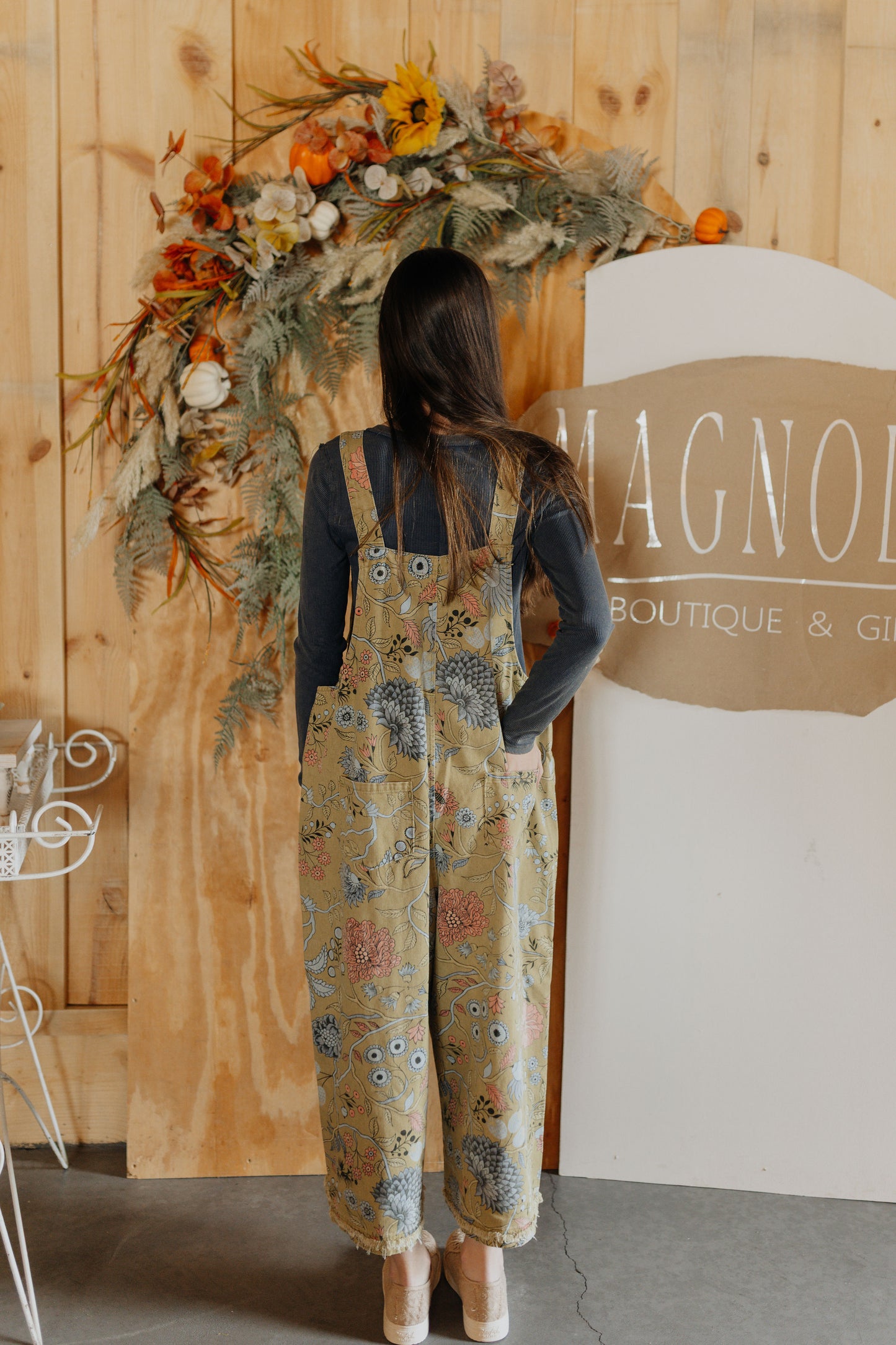 Sage Vintage Wash Floral Overalls