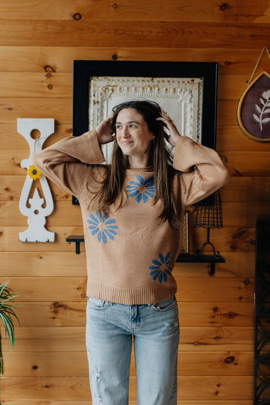Khaki Floral Knit Sweater Ribbed