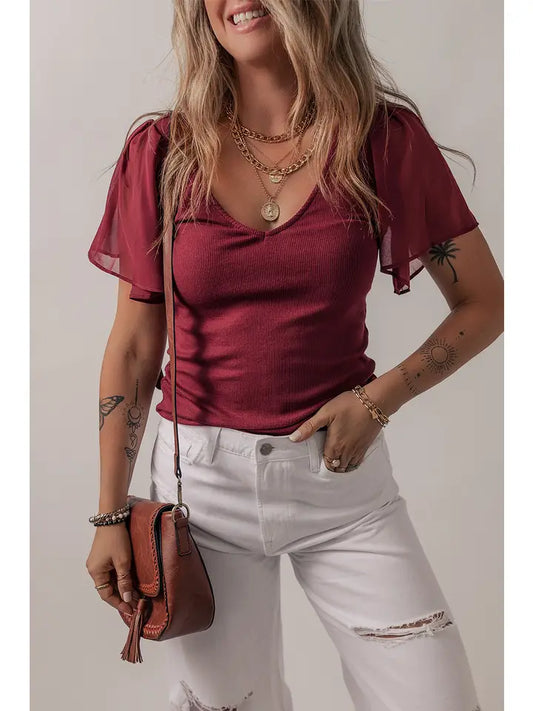 Wine Red Flutter Sleeve Top