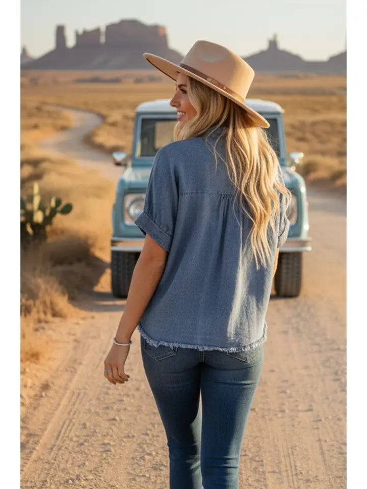 Frayed Trim Denim Button Top