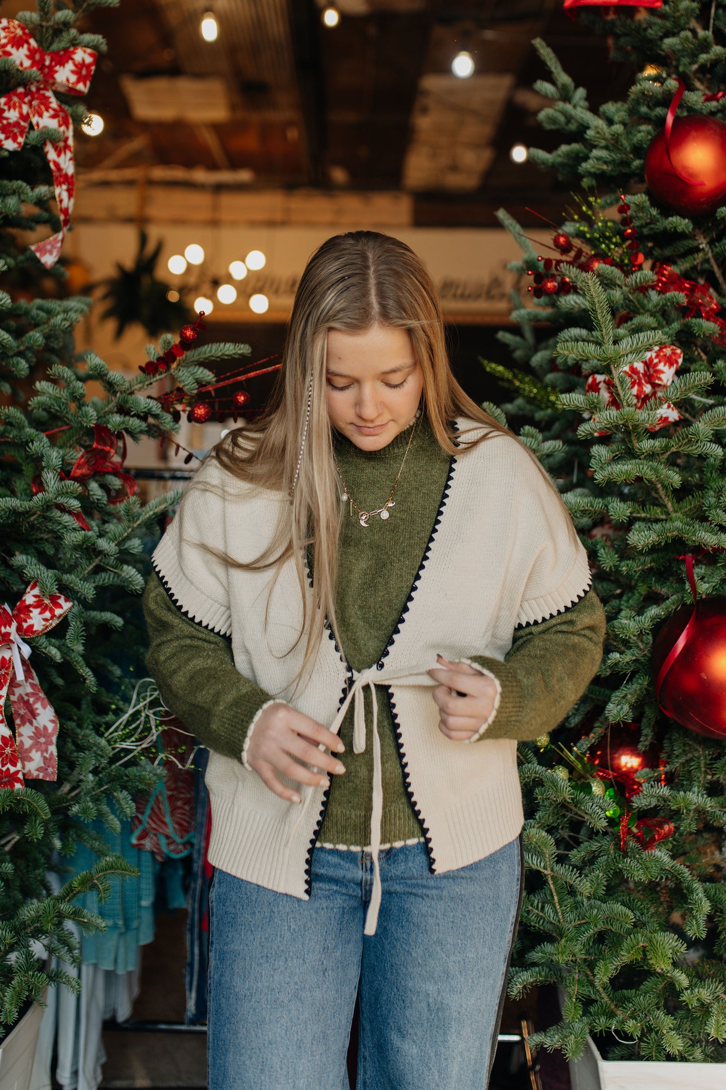 Ivory Crochet Trim Tie Front Knit Vest