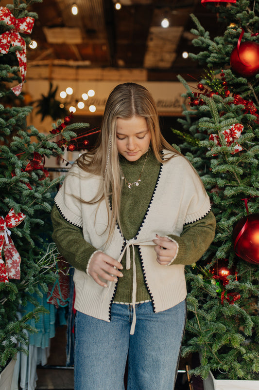 Ivory Crochet Trim Tie Front Knit Vest