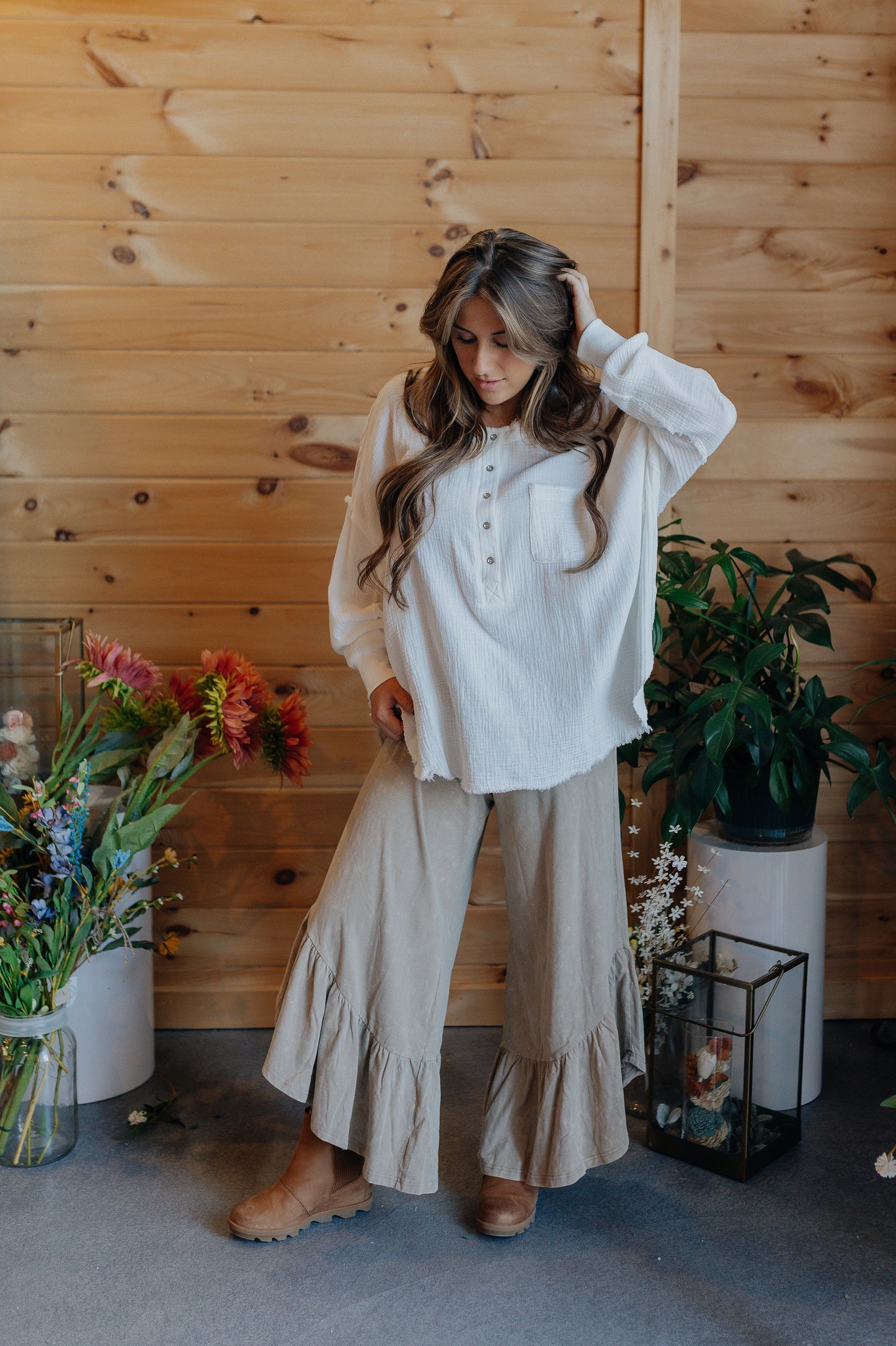 Mineral Wash Taupe Ruffle Pants