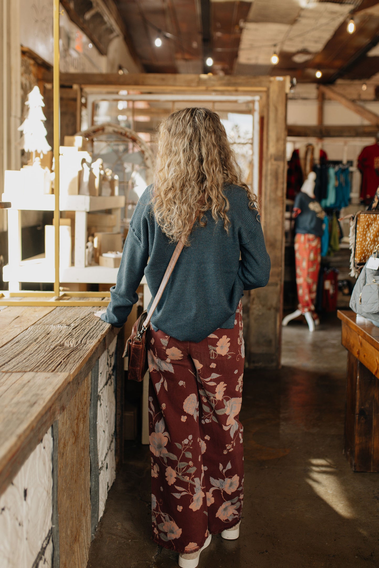 Flower Print Twill Pants - Burgundy