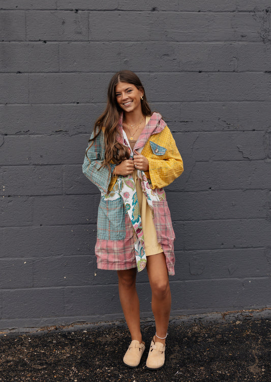 Multi-Colored Patchwork Wide Collar Jacket