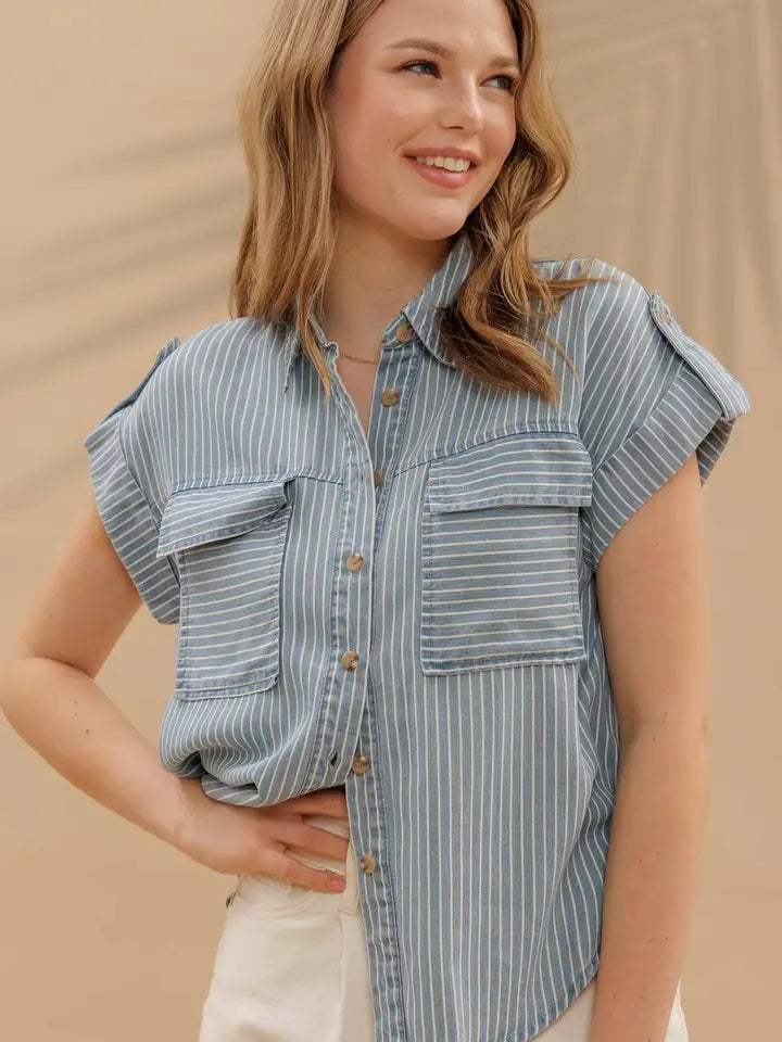 Stripe Button Down Tab Sleeve Chambray Shirt