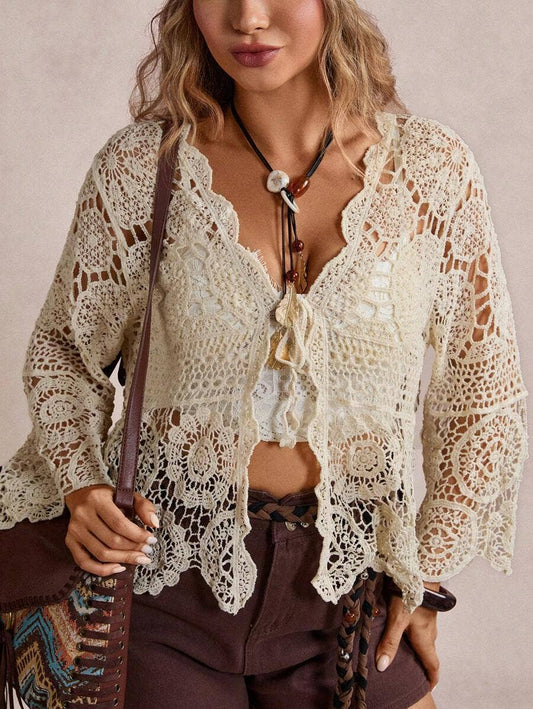 Boho Crochet Lace Cutout Top: Beige
