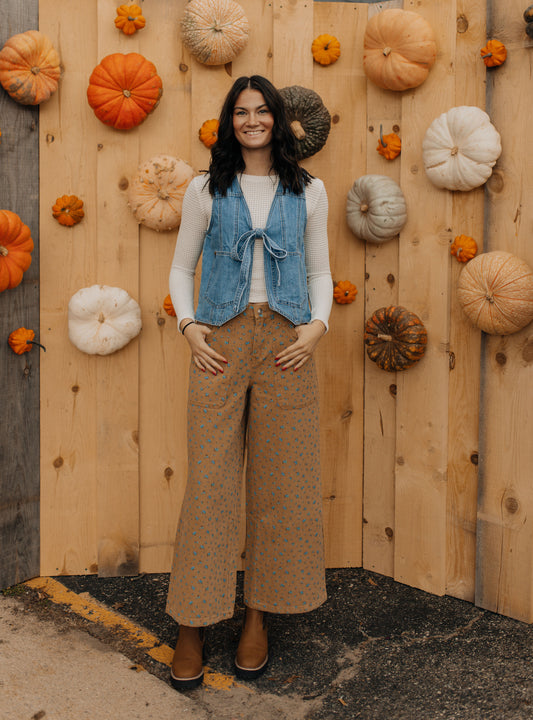 Mocha Pants with Blue Flowers