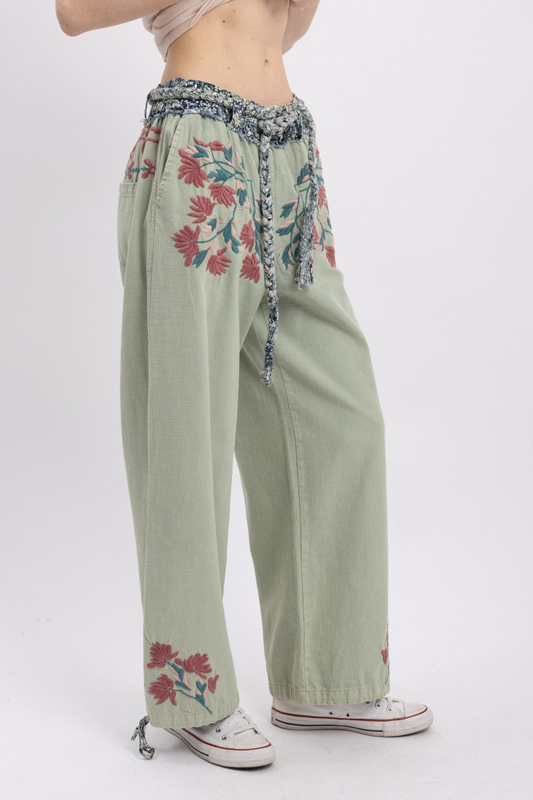 Embroidery Detail Pants With Waist Tie