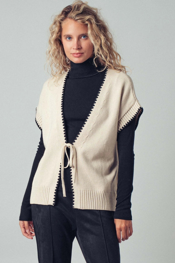 Ivory Crochet Trim Tie Front Knit Vest