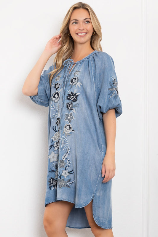 Floral Embroidered Denim Dress