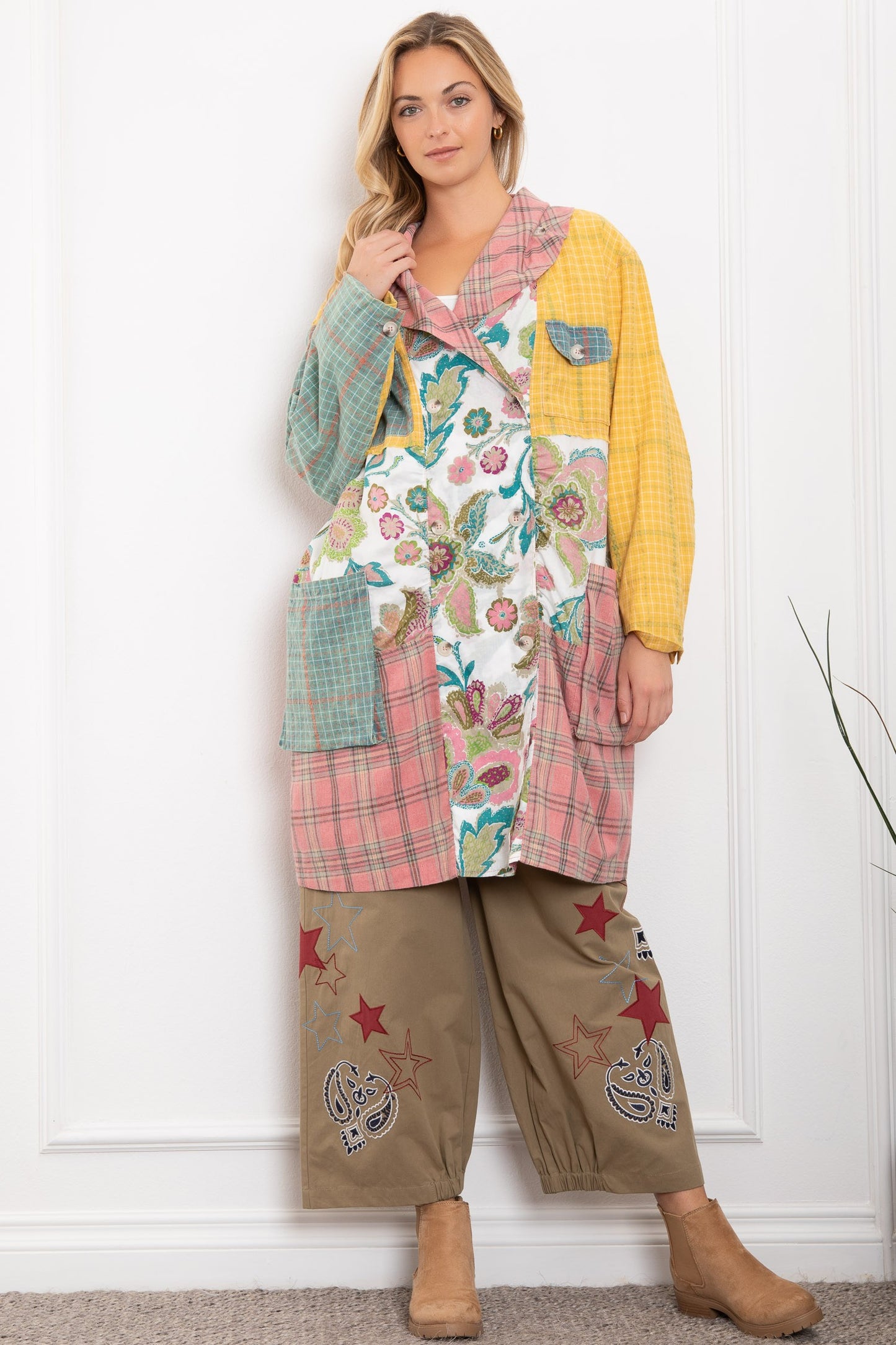 Multi-Colored Patchwork Wide Collar Jacket