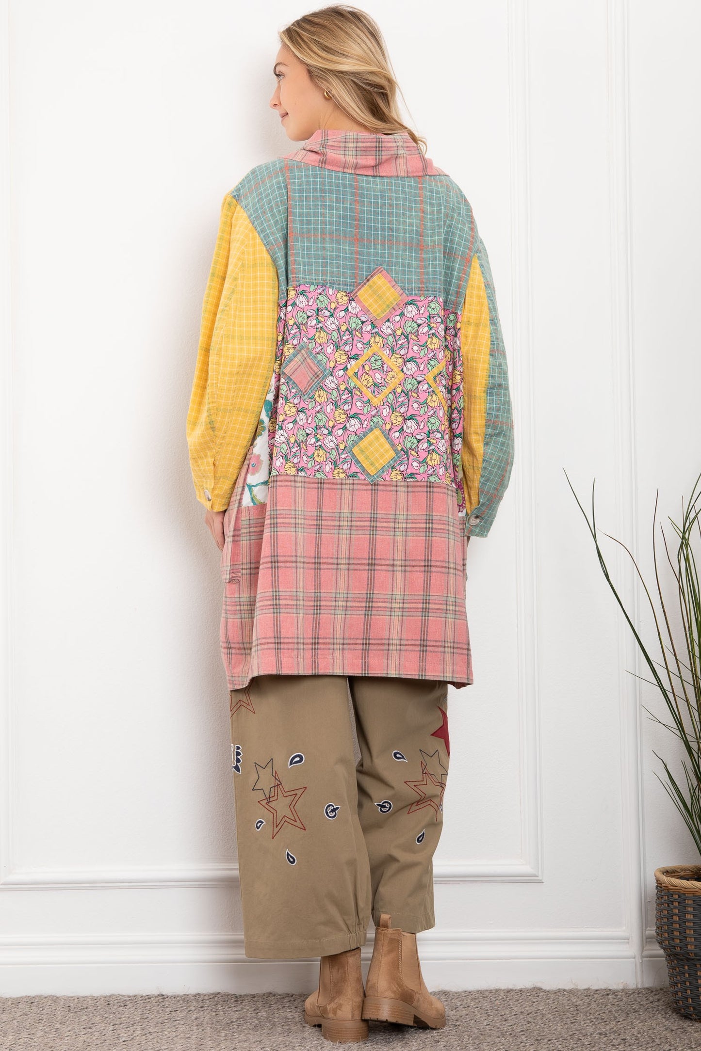 Multi-Colored Patchwork Wide Collar Jacket