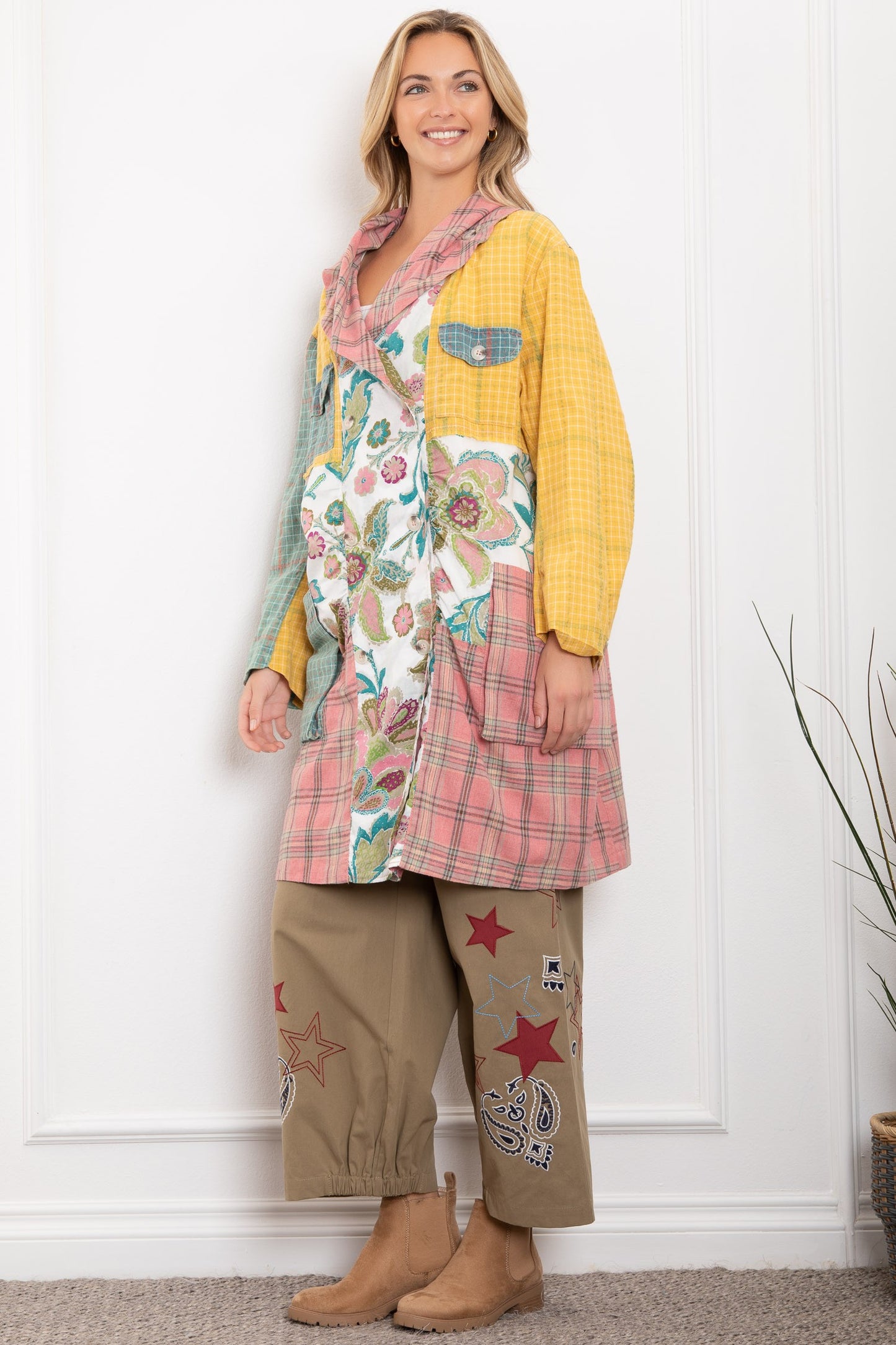 Multi-Colored Patchwork Wide Collar Jacket