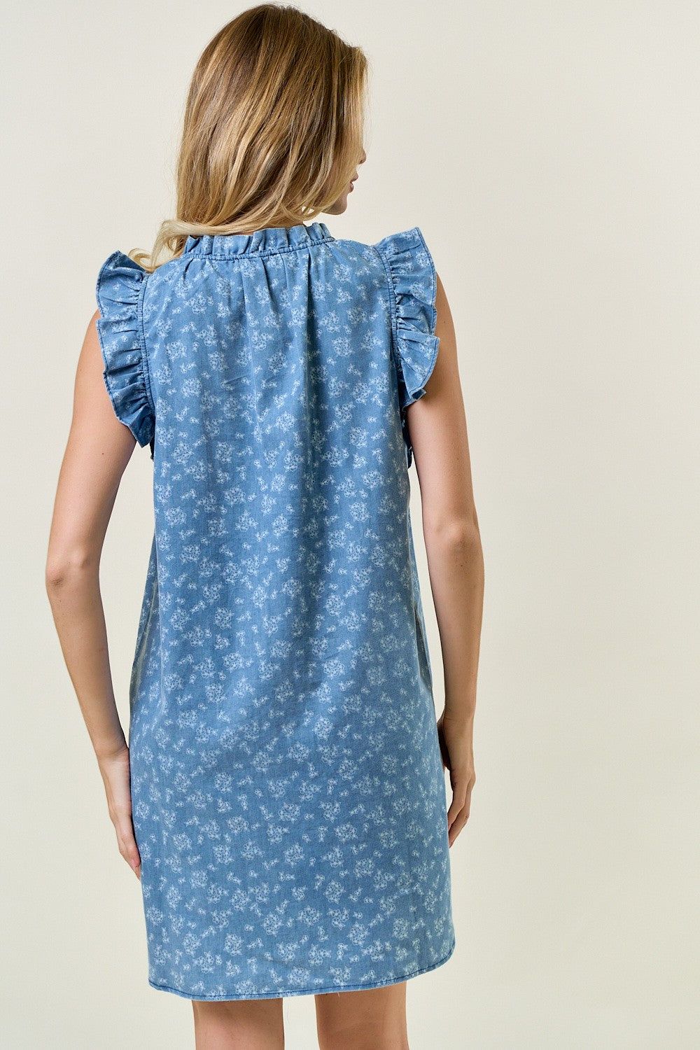 Floral Chambray Ruffled Neck Button Down