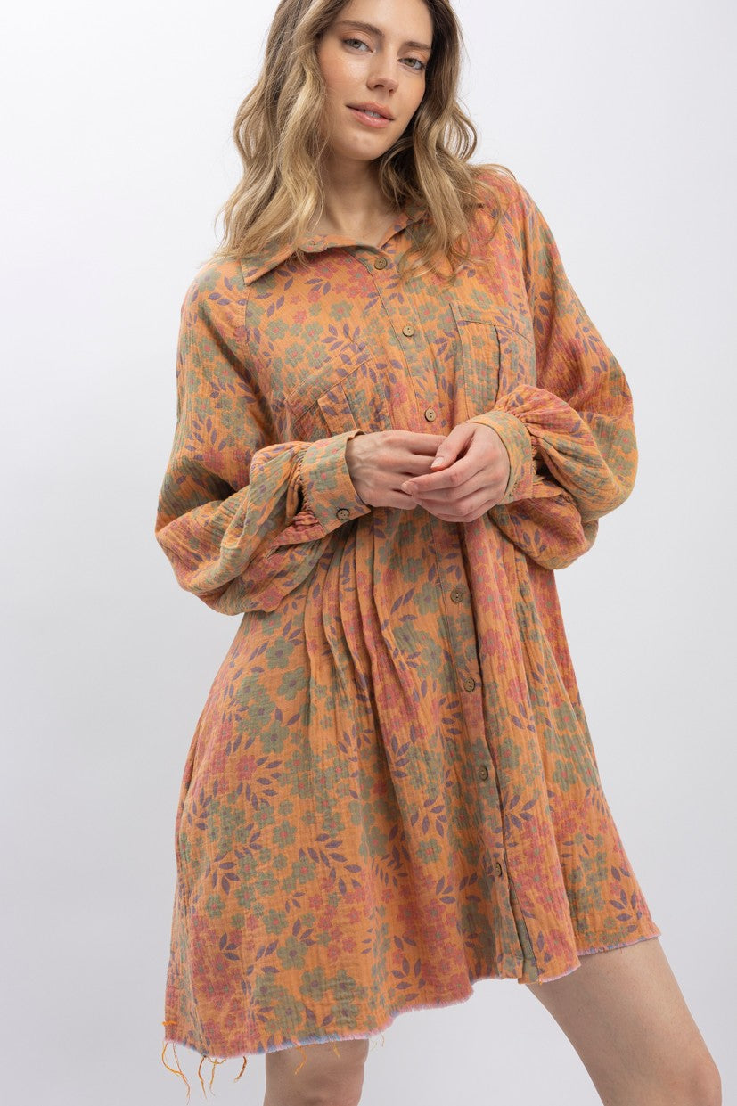 Floral Cotton Gauze Button Down Babydoll Dress