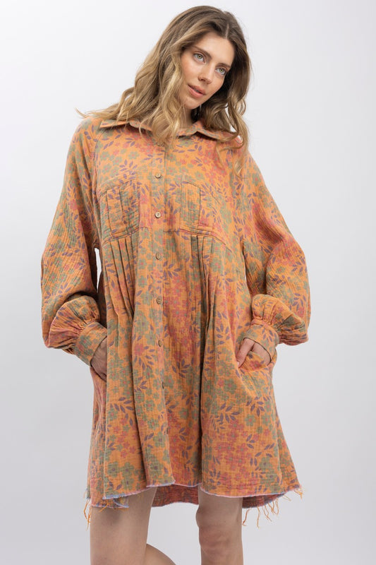 Floral Cotton Gauze Button Down Babydoll Dress