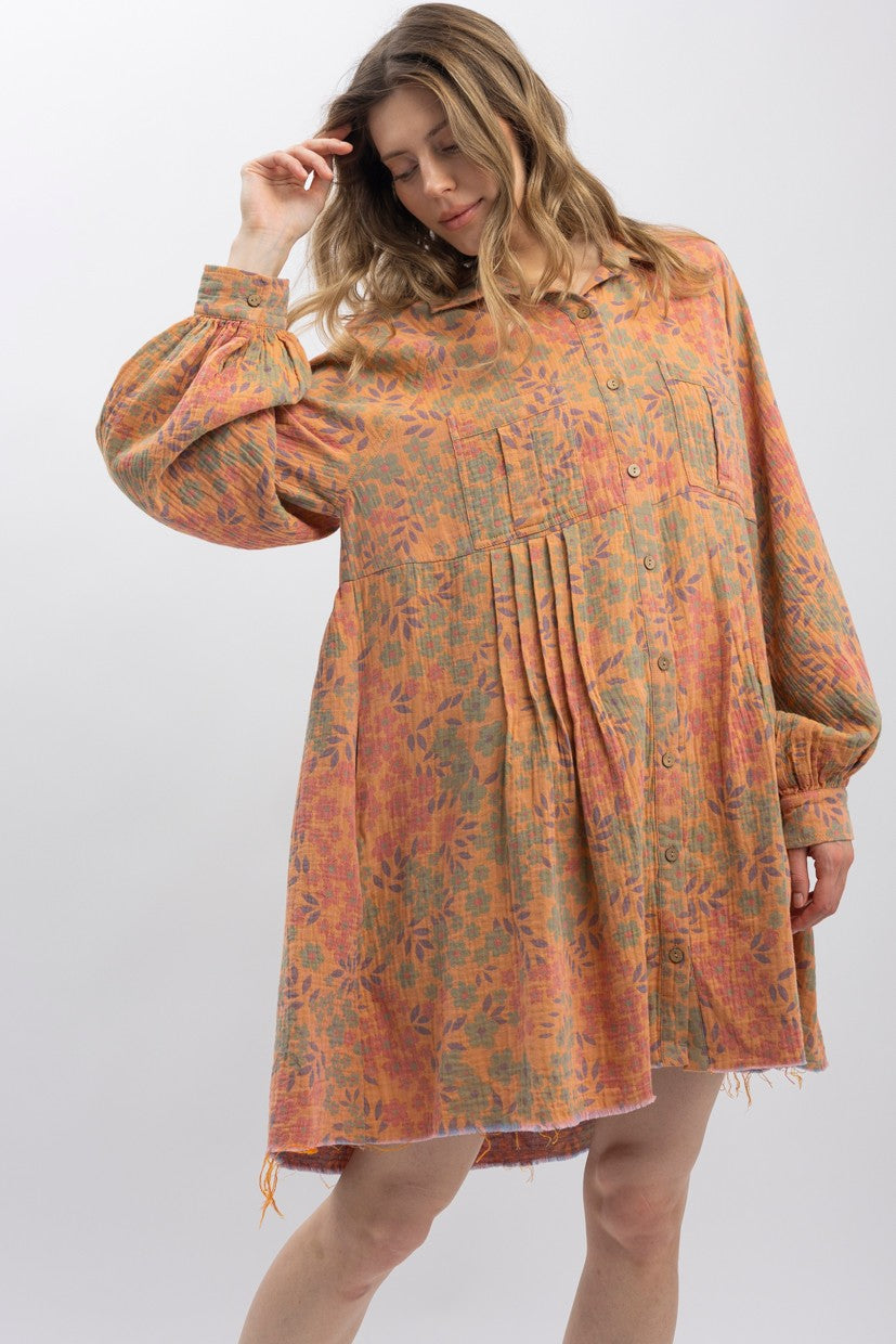 Floral Cotton Gauze Button Down Babydoll Dress