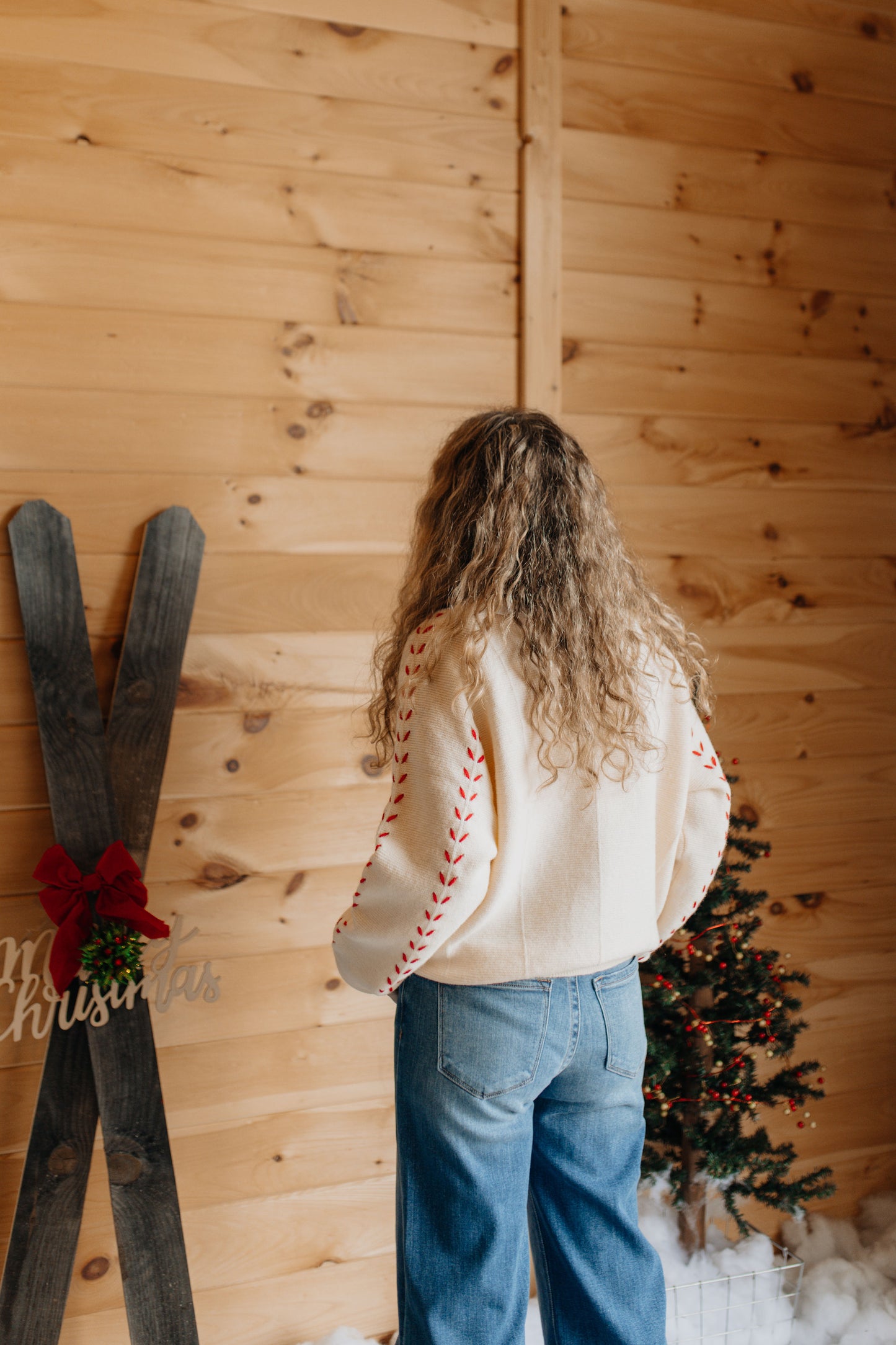 Ivory Sweater with Red Stitching