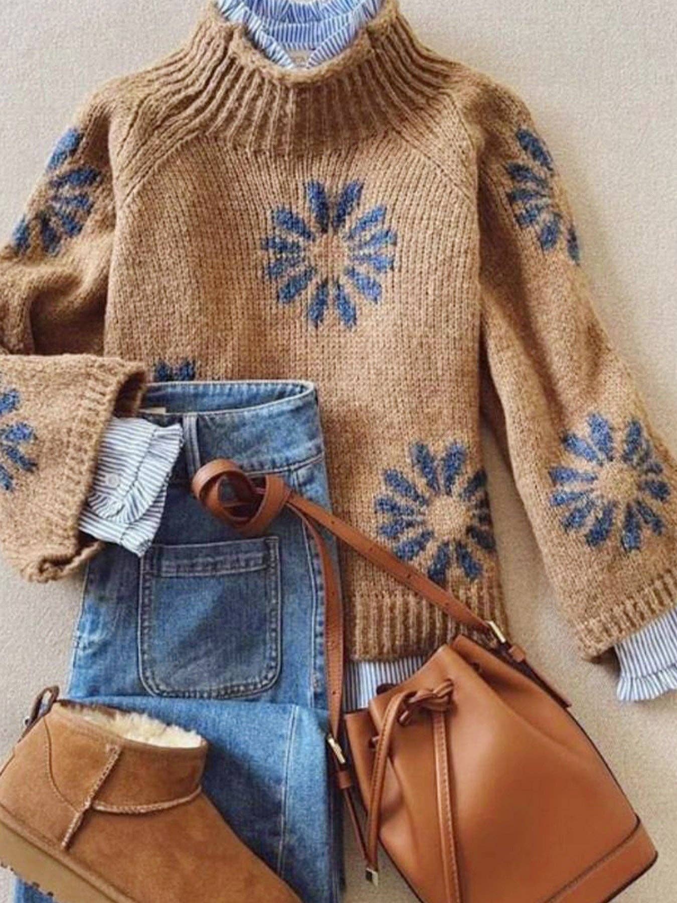 Khaki Floral Knit Sweater Ribbed