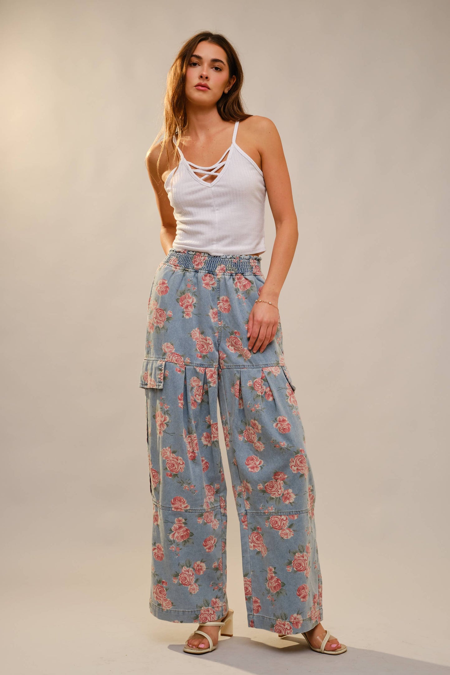 Rose Print Smocked Waist Cargo Pants