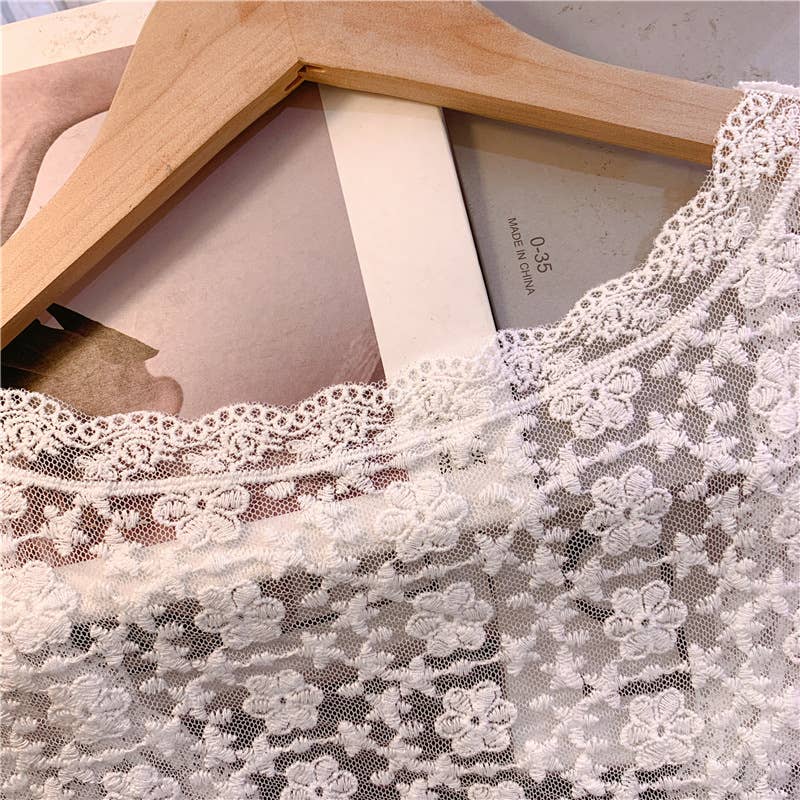 Embroidered Lace Short Sleeve Crop Top: Beige