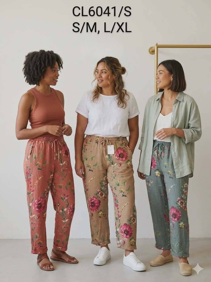 Linen Pants Floral Print: Teal