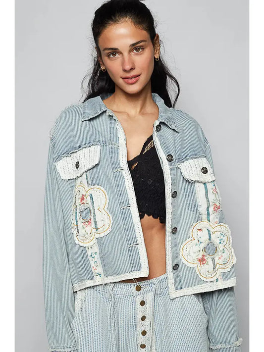Pin Stripe Floral Denim Jacket