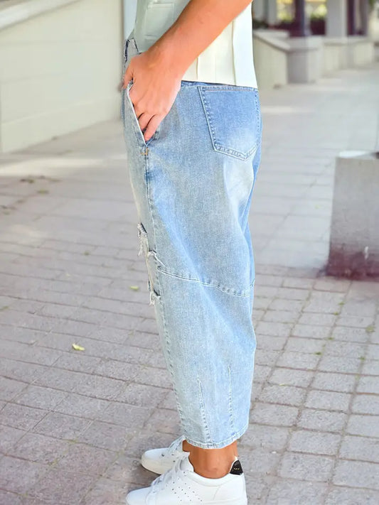 Light Wash Denim Floral Barrel Jeans