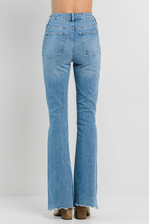 High Rise Frayed Flare Jeans