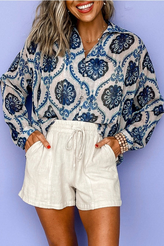 Boho Blue Long Sleeve Buttoned Shirt