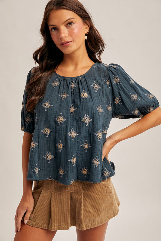 Vintage Indigo Pattern Top