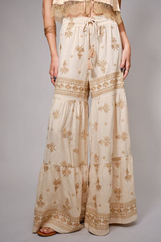 Embroidered Tassel Tie Front Tiered Palazzo Pants