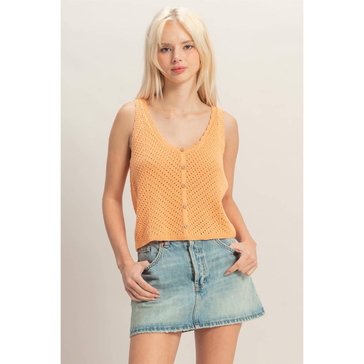 Apricot Open Knit Scallop Tank
