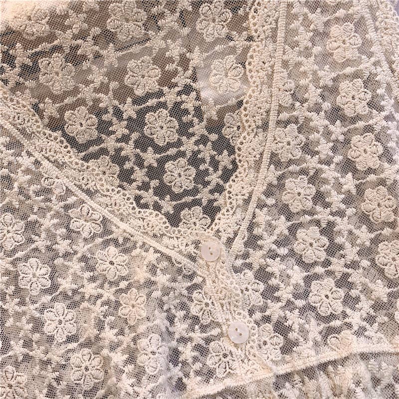 Embroidered Lace Short Sleeve Crop Top: Beige