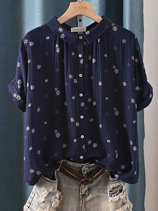 Navy Blue Floral Cotton Top