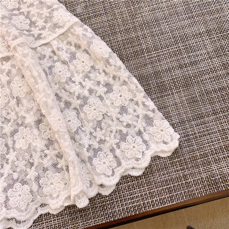 Embroidered Lace Short Sleeve Crop Top: Beige
