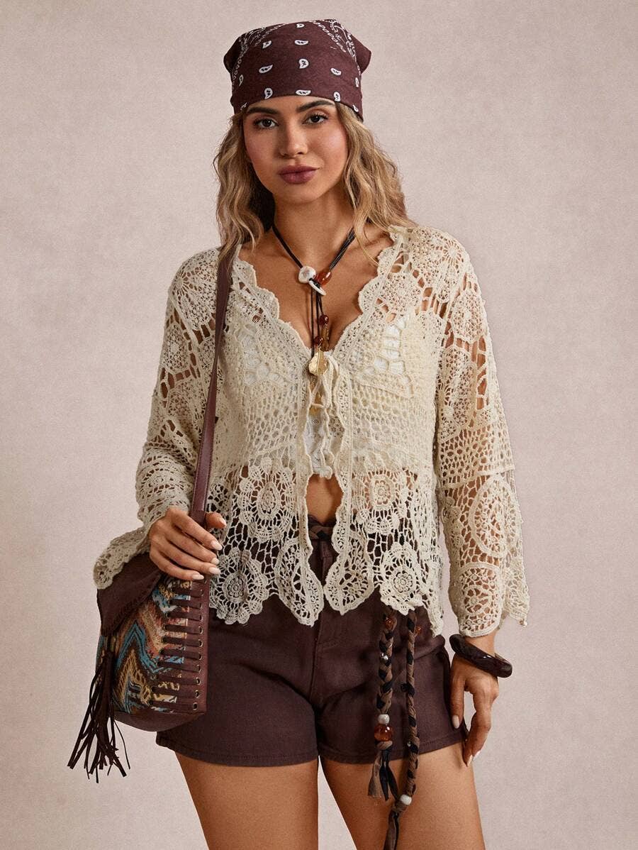 Boho Crochet Lace Cutout Top: Beige
