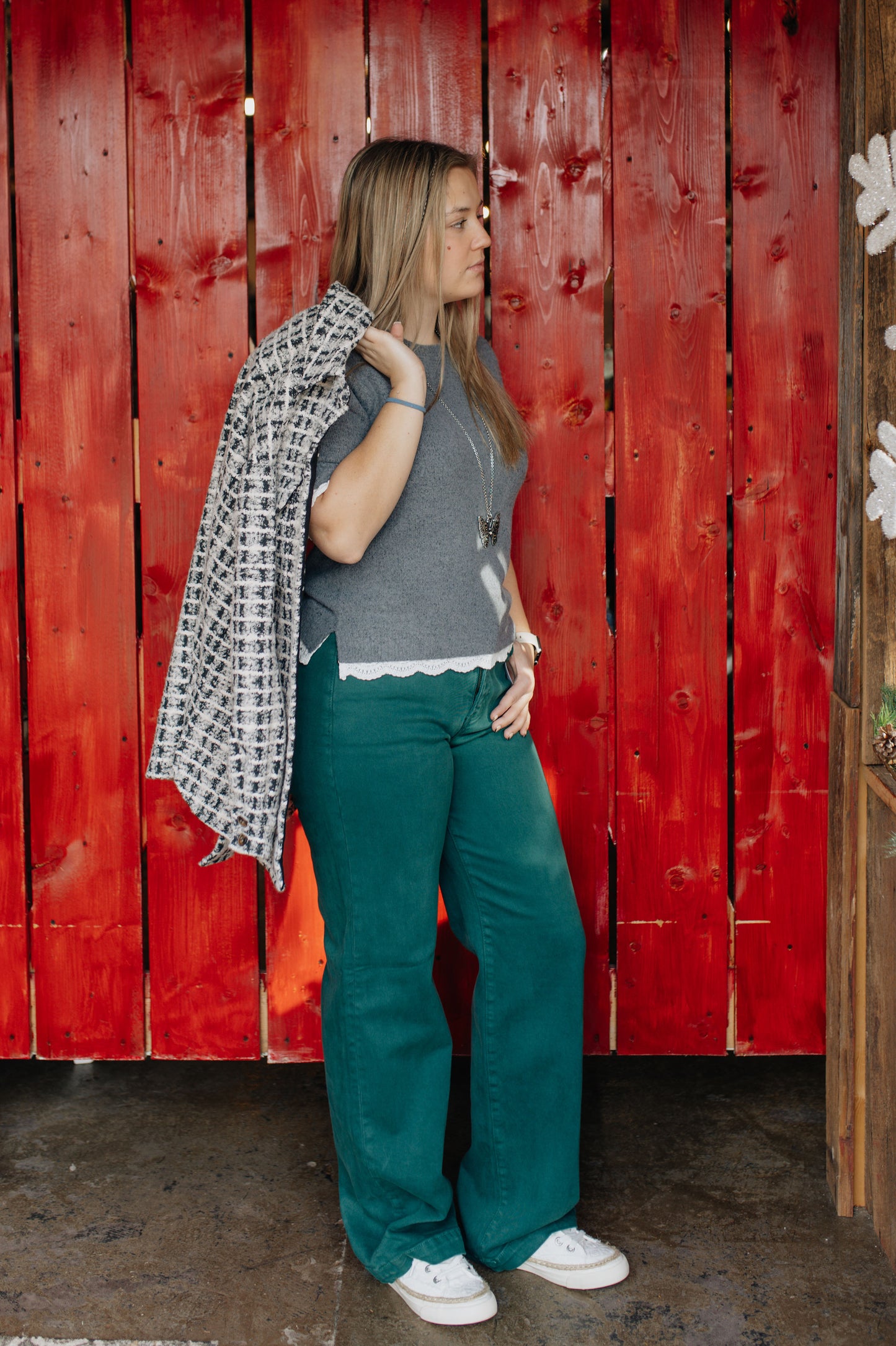 Grey Sweater Top with Lace Sleeves