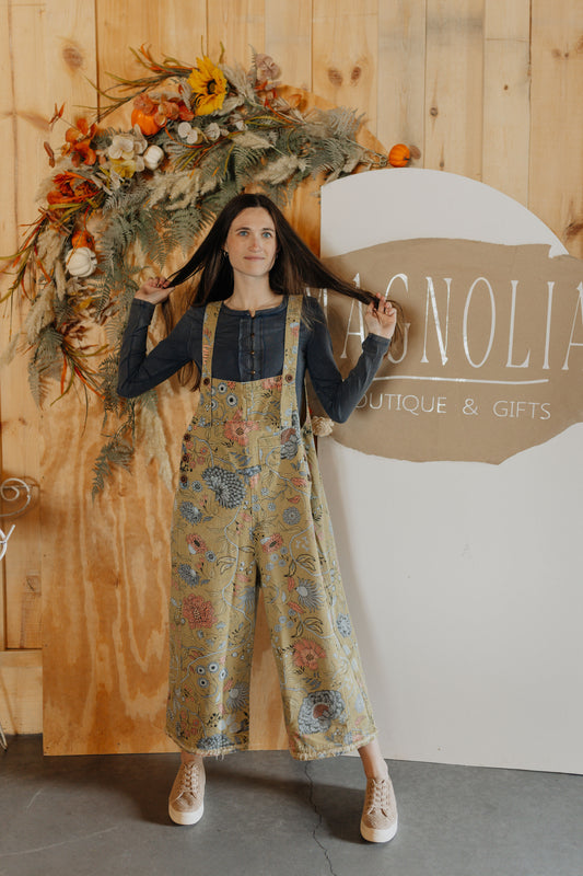 Sage Vintage Wash Floral Overalls