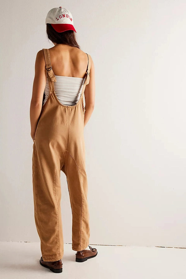 Scoop Neck Denim Jumpsuit - Khaki