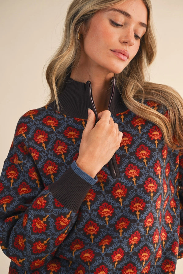 Floral Mock Neck Half Zip Pullover