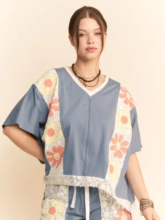 Blue Floral Patchwork Top